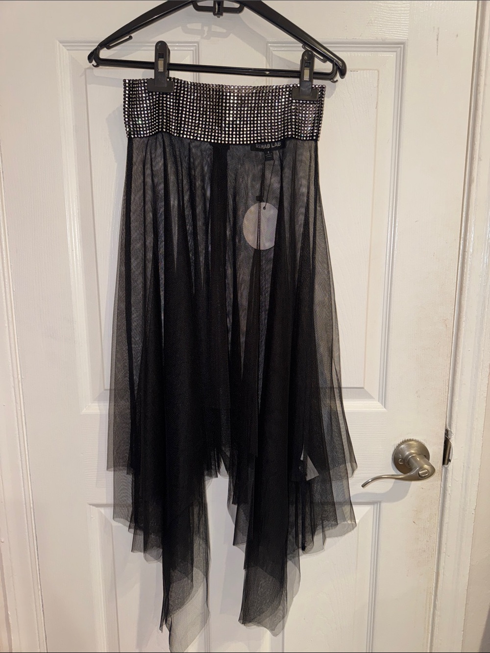 Shop Akira Black Tulle Handkerchief Hem Skirt with Rhinestone Waistband
